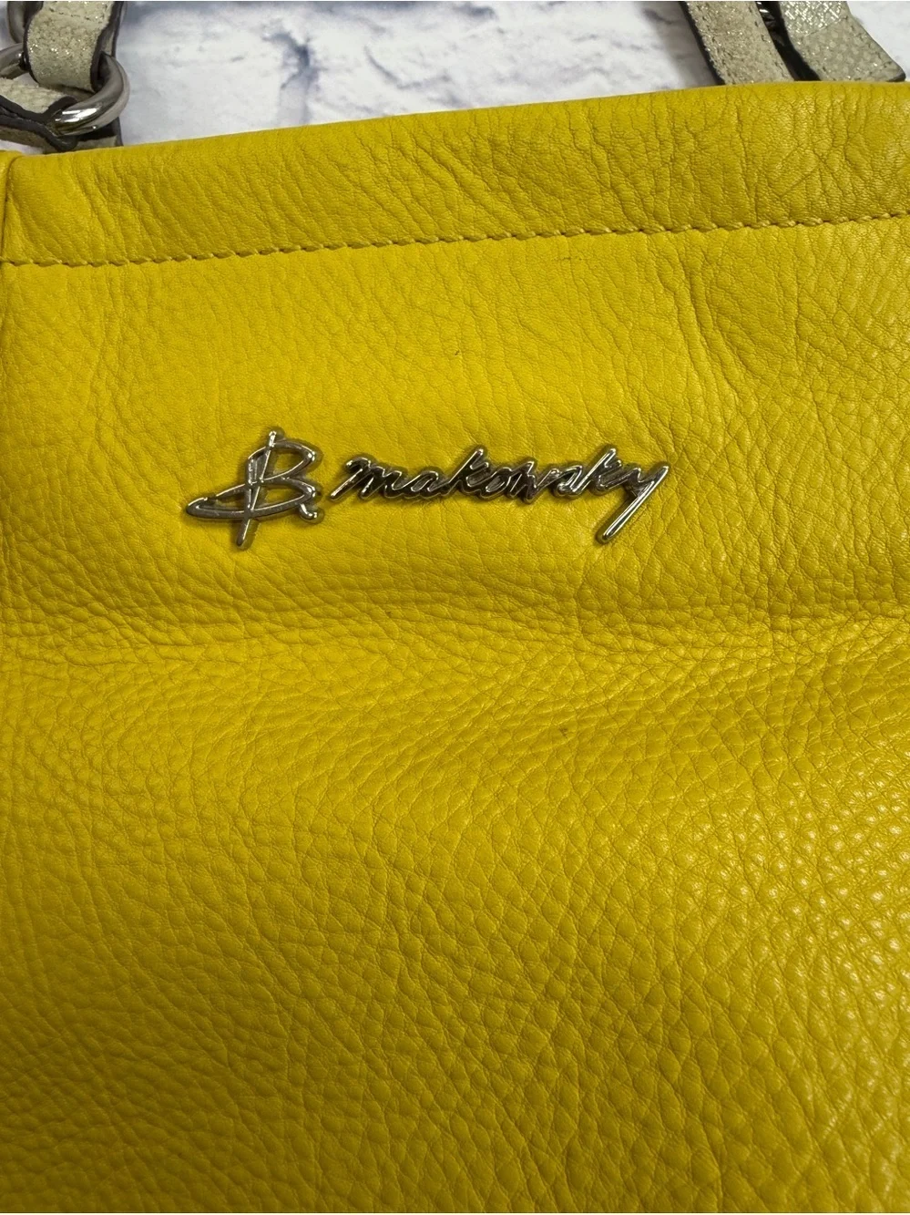 b. makowsky Yellow Pebbled Leather Tote with Neutral Trim